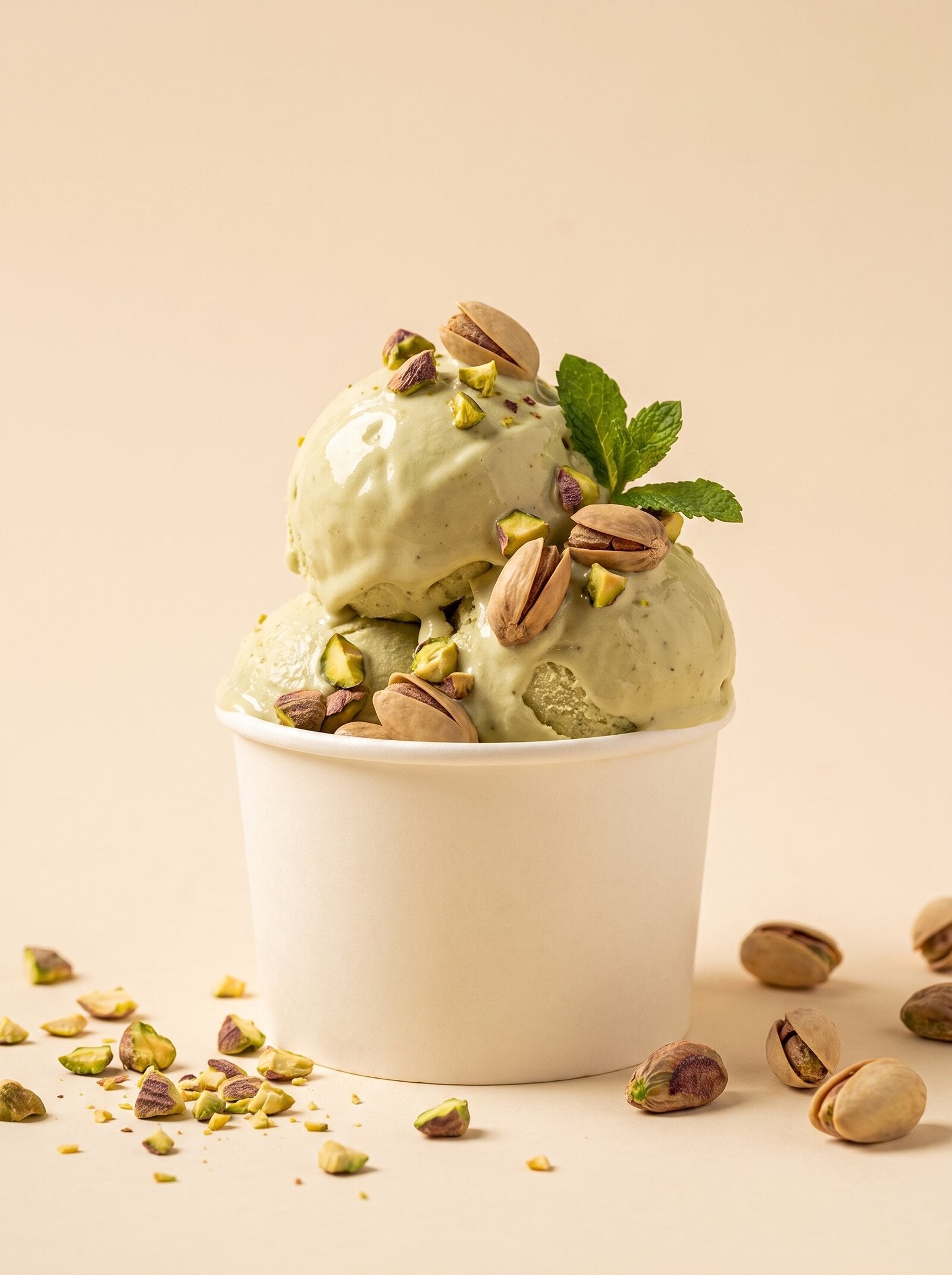 Oro Verde: Pistazien-Gelato im Becher, dekoriert mit gerösteten Pistazien