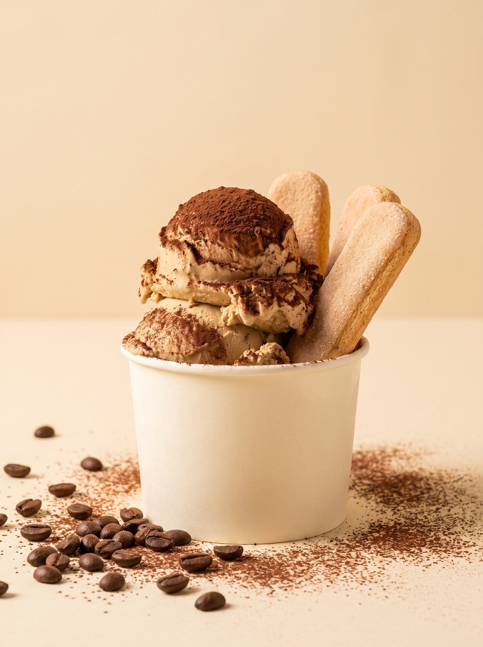 Tiramisù d'Amore: Tiramisu-Gelato im Becher mit Löffelbiskuits, Kaffeebohnen und Kakao