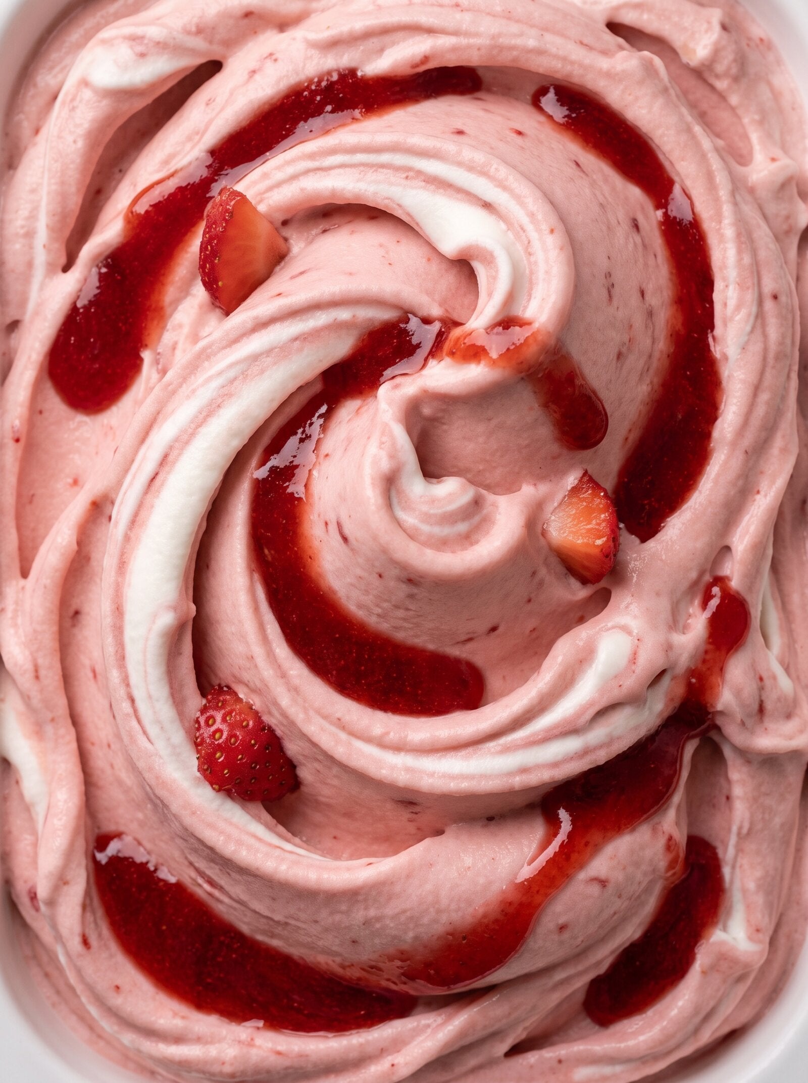 Fragola e Panna: Erdbeer-Sahne-Gelato mit Erdbeer-Coulis und Fruchtstücken, Nahaufnahme