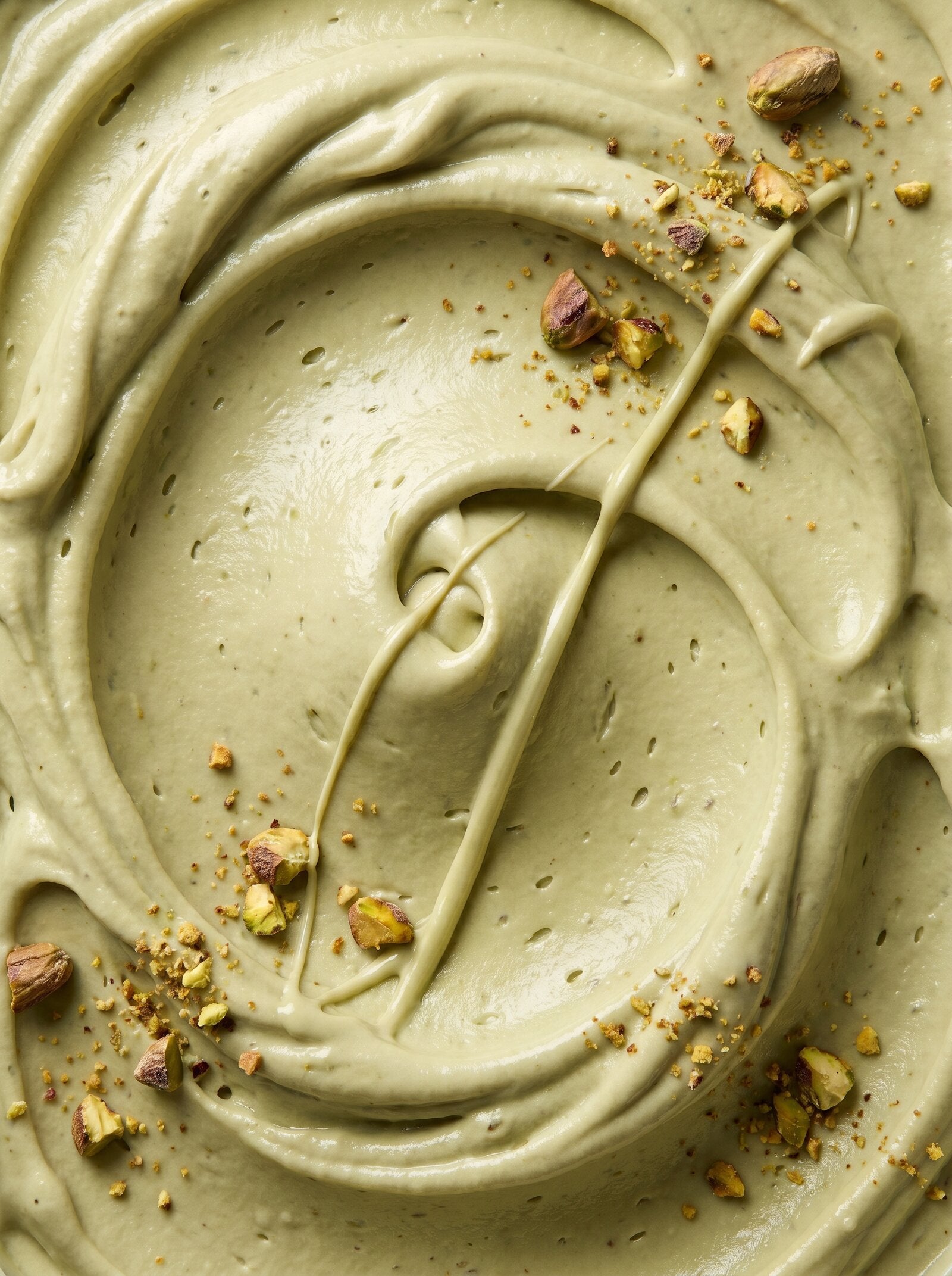 Oro Verde: cremiges Pistazien-Gelato mit gerösteten Pistazienstücken, Nahaufnahme