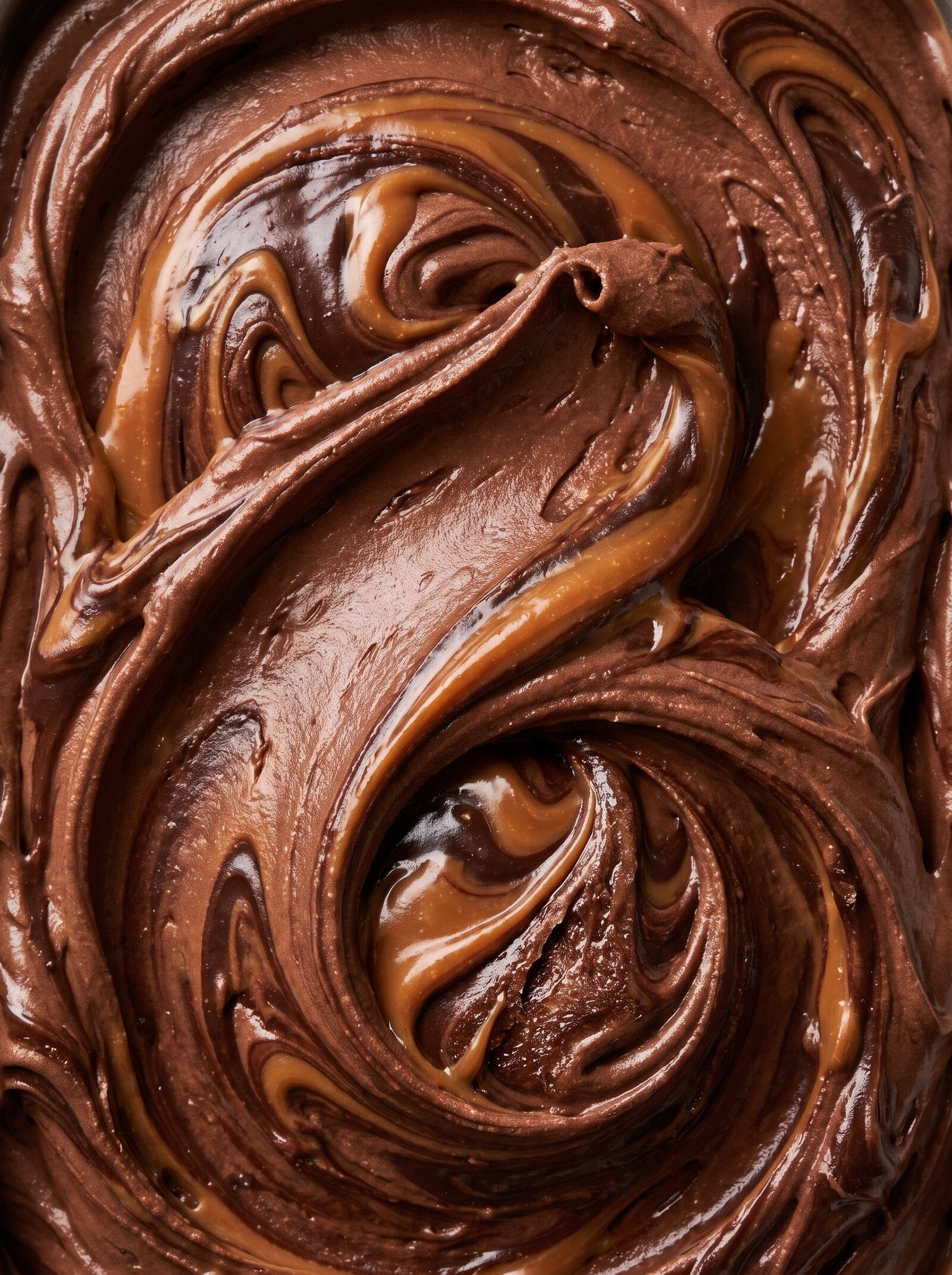 Cioccolato Fondente: dunkles Schokoladen-Gelato mit geschmolzenen Schoko-Ribbons, Nahaufnahme