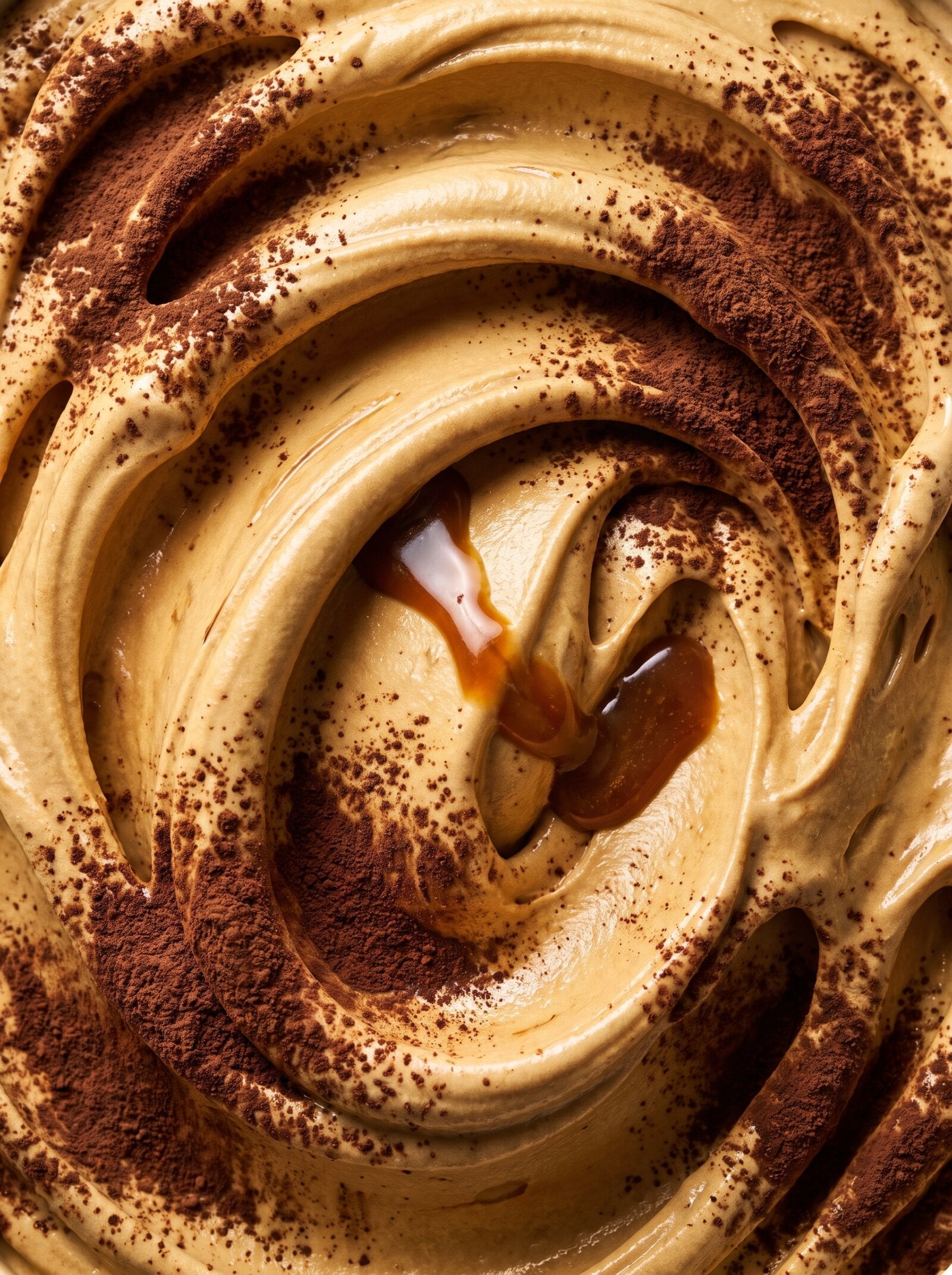 Tiramisù d'Amore: Mascarpone-Kaffee-Gelato mit dunklem Kakaostaub, Nahaufnahme