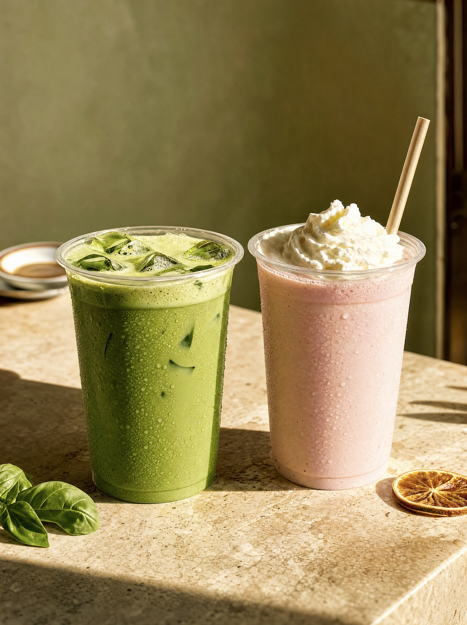 Iced Matcha und Erdbeer-Milkshake auf einem sonnigen Tresen